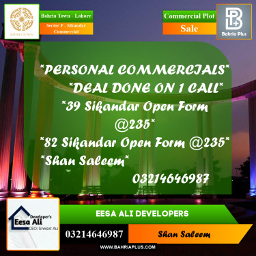 5 Marla Commercial Plot for Sale in Sector F - Sikandar Commercial -  Bahria Town, Lahore - (BP-243410)