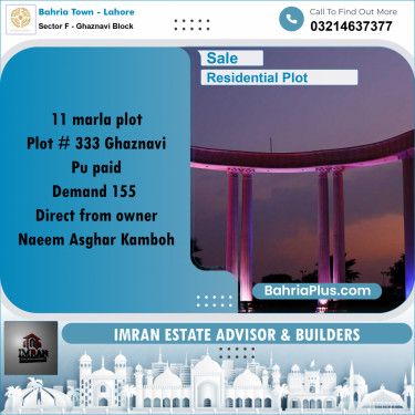 11 Marla Residential Plot for Sale in Sector F - Ghaznavi Block -  Bahria Town, Lahore - (BP-243613)