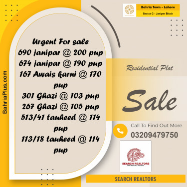10 Marla Residential Plot for Sale in Sector C - Janiper Block -  Bahria Town, Lahore - (BP-243662)