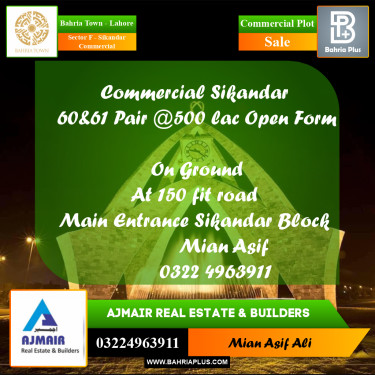 Commercial Plot for Sale in Sector F - Sikandar Commercial -  Bahria Town, Lahore - (BP-243716)