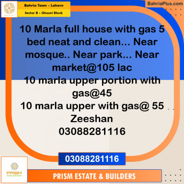 10 Marla Residential House for Rent in Sector B - Ghouri Block -  Bahria Town, Lahore - (BP-243746)