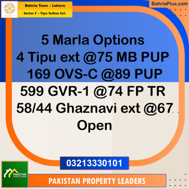 5 Marla Residential Plot for Sale in Sector F - Tipu Sultan Ext. -  Bahria Town, Lahore - (BP-243789)