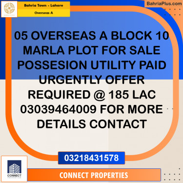 10 Marla Residential Plot for Sale in Overseas A -  Bahria Town, Lahore - (BP-243865)