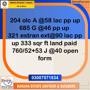 5 Marla Residential Plot for Sale in OLC-A Block -  Bahria Orchard, Lahore - (BP-244029)