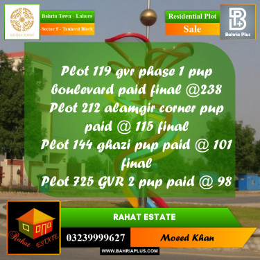 10 Marla Residential Plot for Sale in Sector F - Tauheed Block -  Bahria Town, Lahore - (BP-244213)