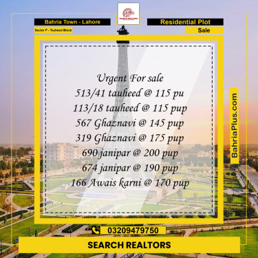10 Marla Residential Plot for Sale in Sector F - Tauheed Block -  Bahria Town, Lahore - (BP-244451)