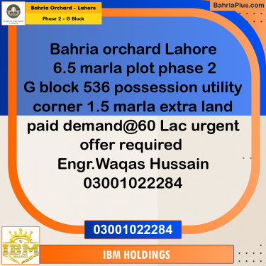 6.5 Marla Residential Plot for Sale in Phase 2 - G Block -  Bahria Orchard, Lahore - (BP-244723)