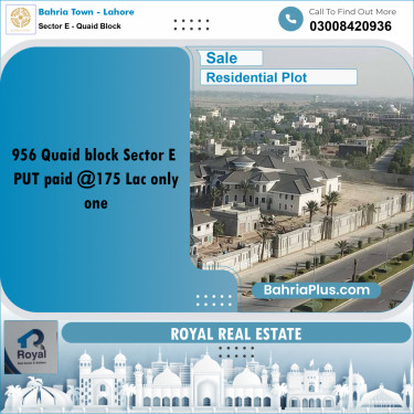 10 Marla Residential Plot for Sale in Sector E - Quaid Block -  Bahria Town, Lahore - (BP-244734)