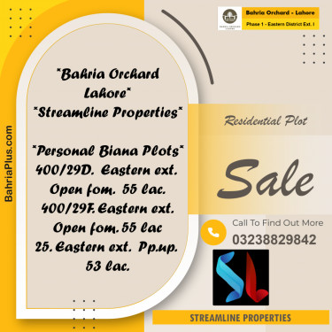 5 Marla Residential Plot for Sale in Phase 1 - Eastern District Ext. I -  Bahria Orchard, Lahore - (BP-244923)