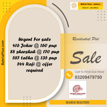 10 Marla Residential Plot for Sale in Sector E - Johar Block -  Bahria Town, Lahore - (BP-244938)