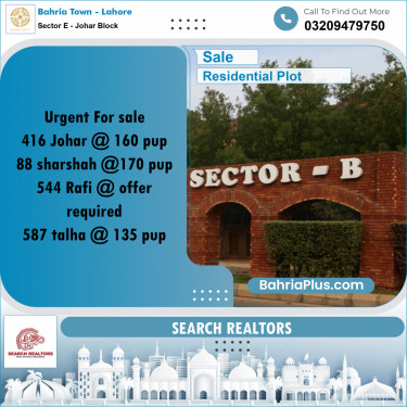 10 Marla Residential Plot for Sale in Sector E - Johar Block -  Bahria Town, Lahore - (BP-245061)