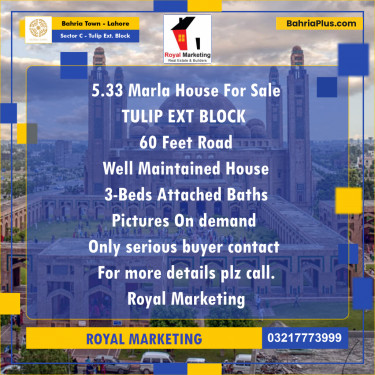 5.33 Marla Residential House for Sale in Sector C - Tulip Ext. Block -  Bahria Town, Lahore - (BP-245149)