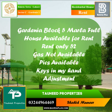5 Marla Residential House for Rent in Sector C - Gardenia 1 -  Bahria Town, Lahore - (BP-245150)