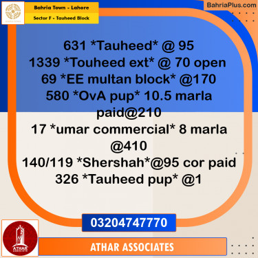 10 Marla Residential Plot for Sale in Sector F - Tauheed Block -  Bahria Town, Lahore - (BP-245238)