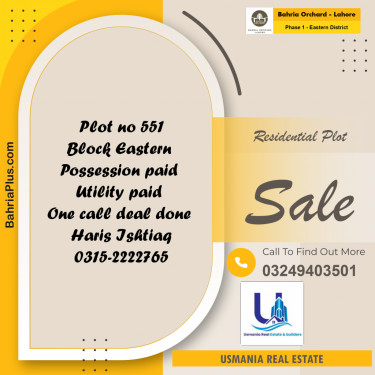 5 Marla Residential Plot for Sale in Phase 1 - Eastern District -  Bahria Orchard, Lahore - (BP-246397)