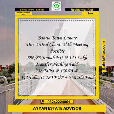 10 Marla Residential Plot for Sale in Sector E - Jinnah Ext. Block -  Bahria Town, Lahore - (BP-246538)