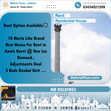 10 Marla Residential House for Rent in Sector B - Awais Qarni -  Bahria Town, Lahore - (BP-246680)