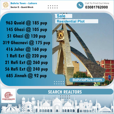 10 Marla Residential Plot for Sale in Sector E - Quaid Block -  Bahria Town, Lahore - (BP-246758)