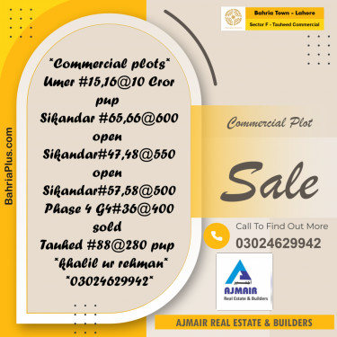 5 Marla Commercial Plot for Sale in Sector F - Tauheed Commercial -  Bahria Town, Lahore - (BP-247348)