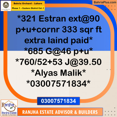 9.5 Marla Residential Plot for Sale in Phase 1 - Eastern District Ext. I -  Bahria Orchard, Lahore - (BP-247947)