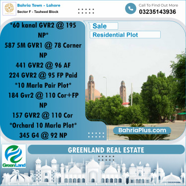 10 Marla Residential Plot for Sale in Sector F - Tauheed Block -  Bahria Town, Lahore - (BP-248038)
