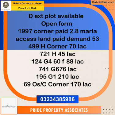 8 Marla Residential Plot for Sale in Phase 2 - H Block -  Bahria Orchard, Lahore - (BP-249064)