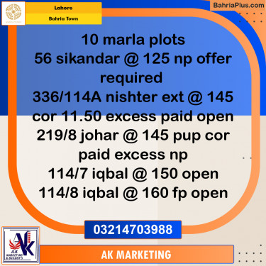 Residential Plot for Sale in Bahria Town, Lahore - (BP-249227)