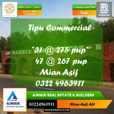 Commercial Plot for Sale in Sector F - Tipu Commercial -  Bahria Town, Lahore - (BP-249277)