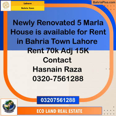5 Marla Residential House for Rent in Bahria Town, Lahore - (BP-249541)