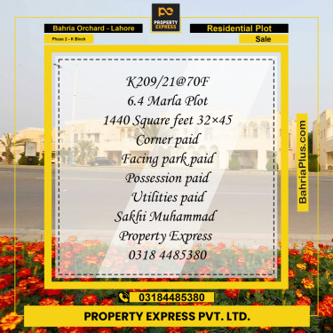 6.4 Marla Residential Plot for Sale in Phase 2 - K Block -  Bahria Orchard, Lahore - (BP-249699)