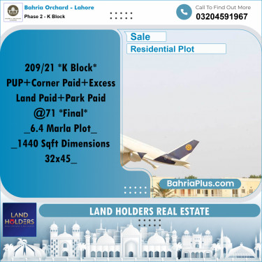 6.4 Marla Residential Plot for Sale in Phase 2 - K Block -  Bahria Orchard, Lahore - (BP-249879)