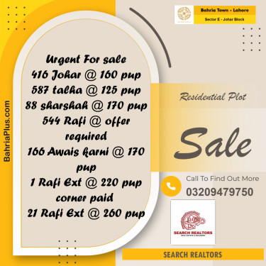 10 Marla Residential Plot for Sale in Sector E - Johar Block -  Bahria Town, Lahore - (BP-249903)