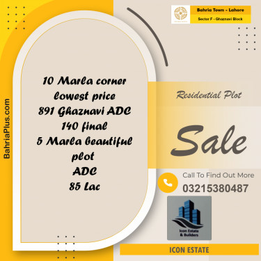 10 Marla Residential Plot for Sale in Sector F - Ghaznavi Block -  Bahria Town, Lahore - (BP-250232)