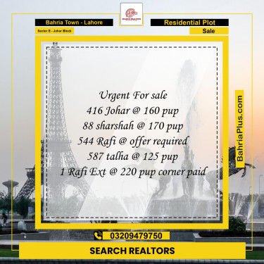 18 Marla Residential Plot for Sale in Sector E - Johar Block -  Bahria Town, Lahore - (BP-250420)
