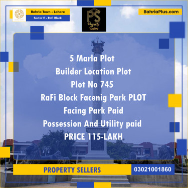 5 Marla Residential Plot for Sale in Sector E - Rafi Block -  Bahria Town, Lahore - (BP-250476)