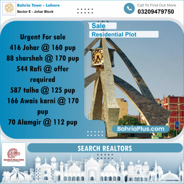 18 Marla Residential Plot for Sale in Sector E - Johar Block -  Bahria Town, Lahore - (BP-250525)