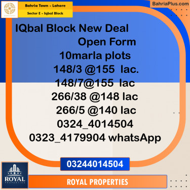 Residential Plot for Sale in Sector E - Iqbal Block -  Bahria Town, Lahore - (BP-250894)