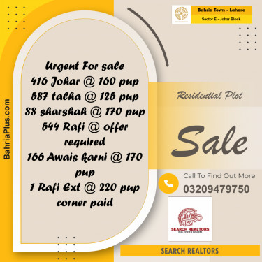 10 Marla Residential Plot for Sale in Sector E - Johar Block -  Bahria Town, Lahore - (BP-251132)