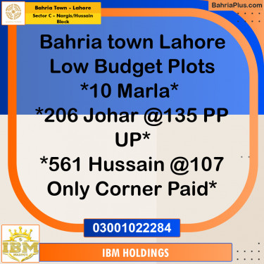 10 Marla Residential Plot for Sale in Sector C - Nargis/Hussain Block -  Bahria Town, Lahore - (BP-251153)