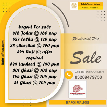 10 Marla Residential Plot for Sale in Sector E - Johar Block -  Bahria Town, Lahore - (BP-251473)