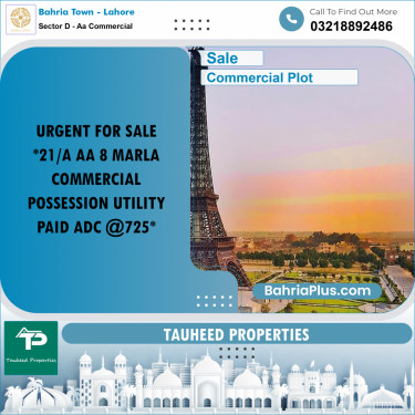 8 Marla Commercial Plot for Sale in Sector D - AA Commercial -  Bahria Town, Lahore - (BP-251593)