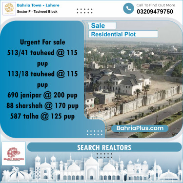 10 Marla Residential Plot for Sale in Sector F - Tauheed Block -  Bahria Town, Lahore - (BP-251827)