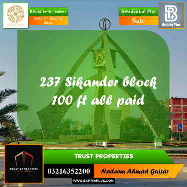 10 Marla Residential Plot for Sale in Sector F - Sikander Block -  Bahria Town, Lahore - (BP-251870)