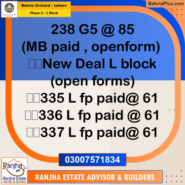 5 Marla Residential Plot for Sale in Phase 2 - L Block -  Bahria Orchard, Lahore - (BP-251975)