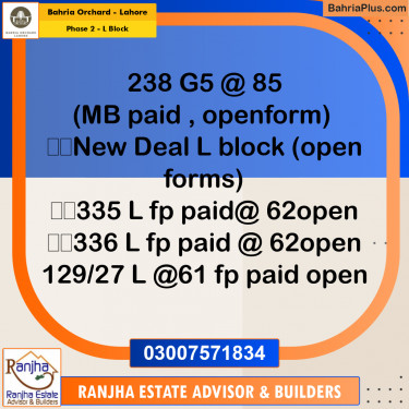 5 Marla Residential Plot for Sale in Phase 2 - L Block -  Bahria Orchard, Lahore - (BP-252221)