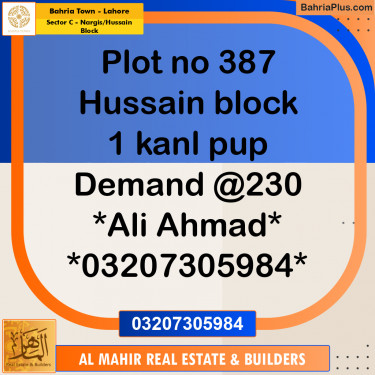 1 Kanal Residential Plot for Sale in Sector C - Nargis/Hussain Block -  Bahria Town, Lahore - (BP-252222)