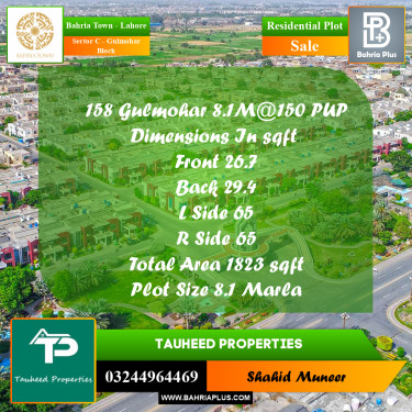 8.1 Marla Residential Plot for Sale in Sector C - Gulmohar Block -  Bahria Town, Lahore - (BP-252269)