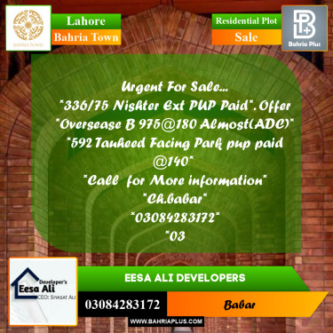 Residential Plot for Sale in Bahria Town, Lahore - (BP-252302)