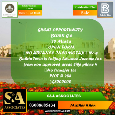 10 Marla Residential Plot for Sale in Phase 4 - G6 Block -  Bahria Orchard, Lahore - (BP-252436)