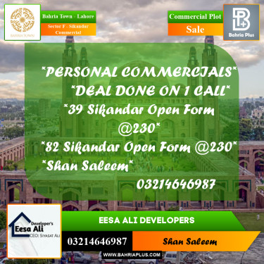 5 Marla Commercial Plot for Sale in Sector F - Sikandar Commercial -  Bahria Town, Lahore - (BP-252803)